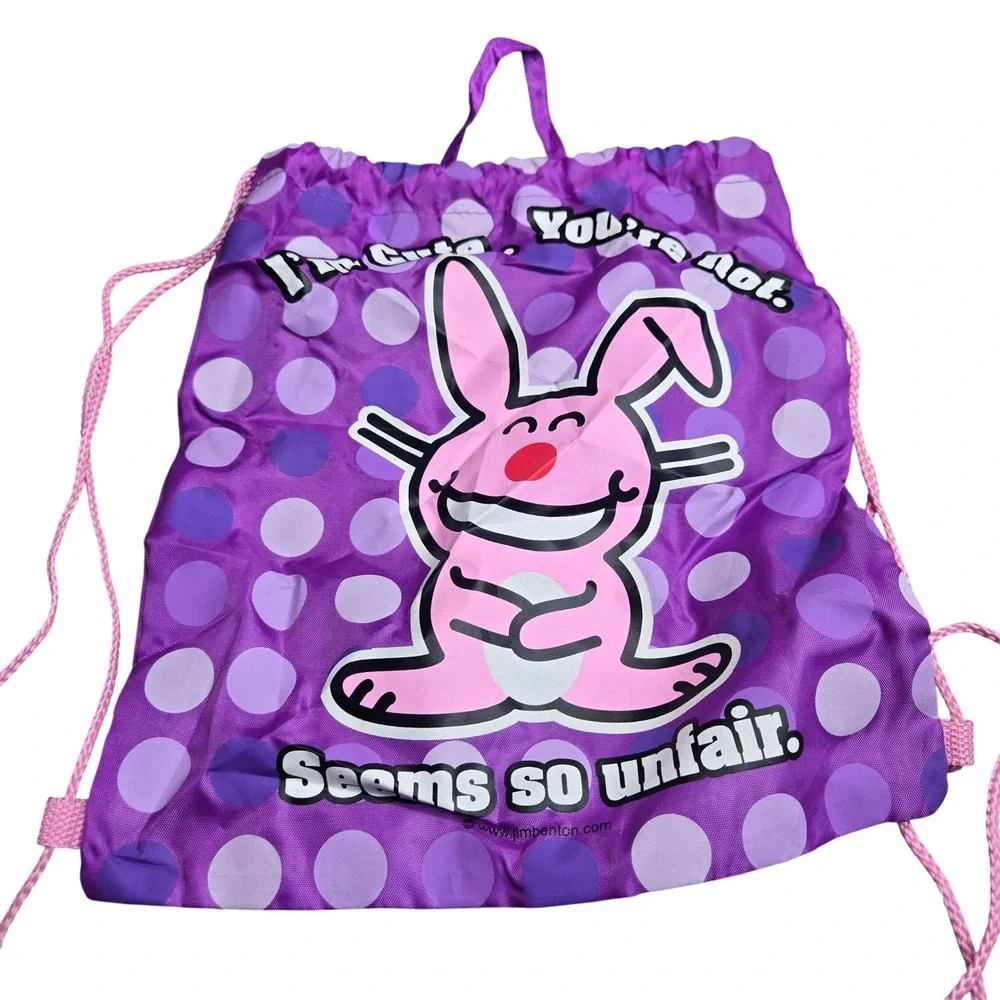 Vintage Y2K It's Happy Bunny Jim Benton Drawstring Cinch Sack Backpack Purple